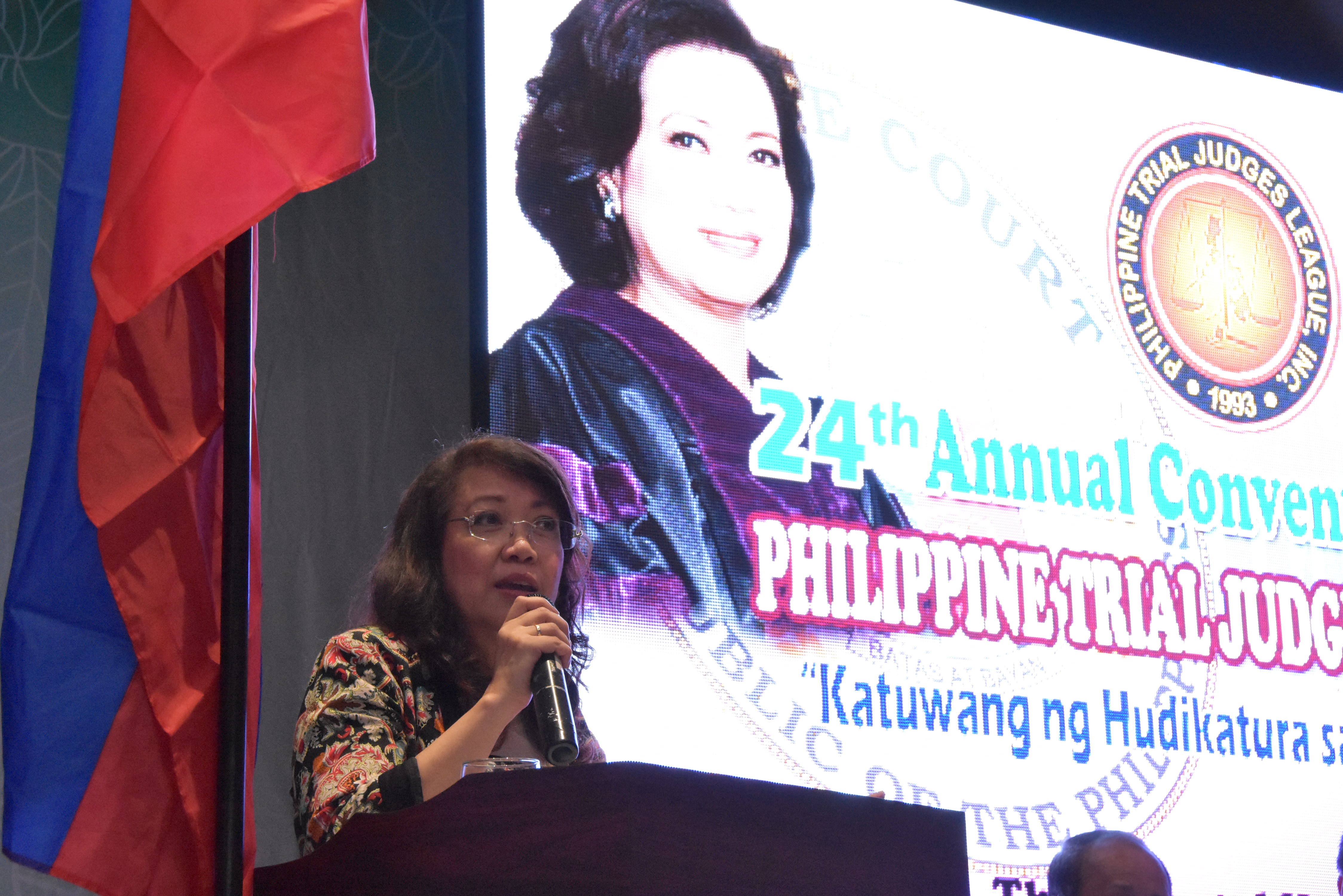EMBATTLED CHIEF JUSTICE. Chief Justice Maria Lourdes Sereno keynotes the 24th Philippine Trial Judges League Inc. (PTJLI) at The Oriental Hotel, Palo, Leyte on October 11, 2017. Photo from SC PIO 
