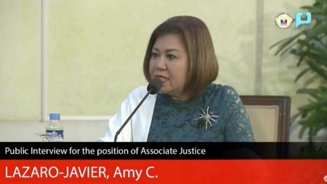 SC ASPIRANT. Court of Appeals Justice Amy Lazaro-Javier tells the JBC the drug-related killings are not yet crimes against humanity. PTV screengrab 