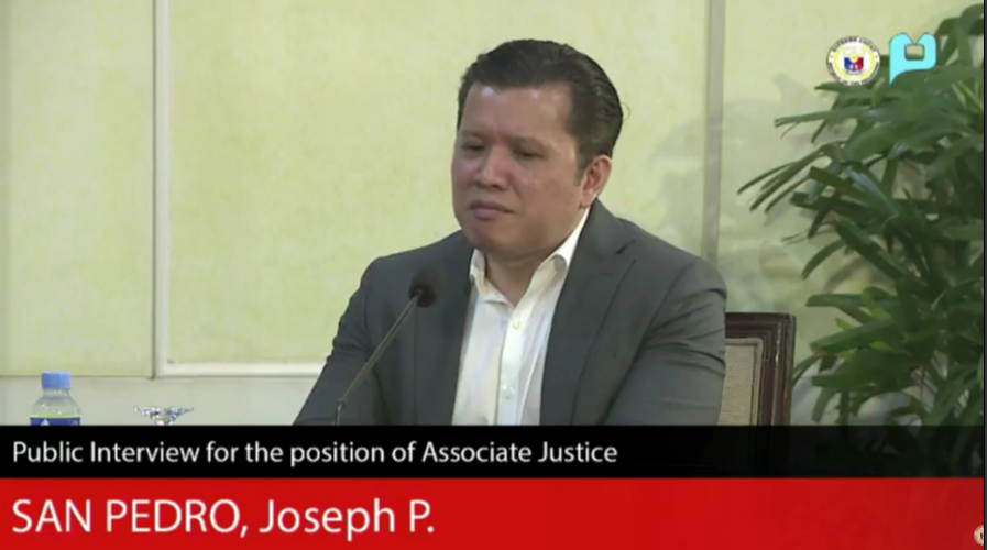 NO LITIGATION EXPERIENCE? Lawyer Joseph San Pedro seeks to convince members of the JBC that he is qualified to assume the post of Supreme Court justice. Screenshot from PTV  