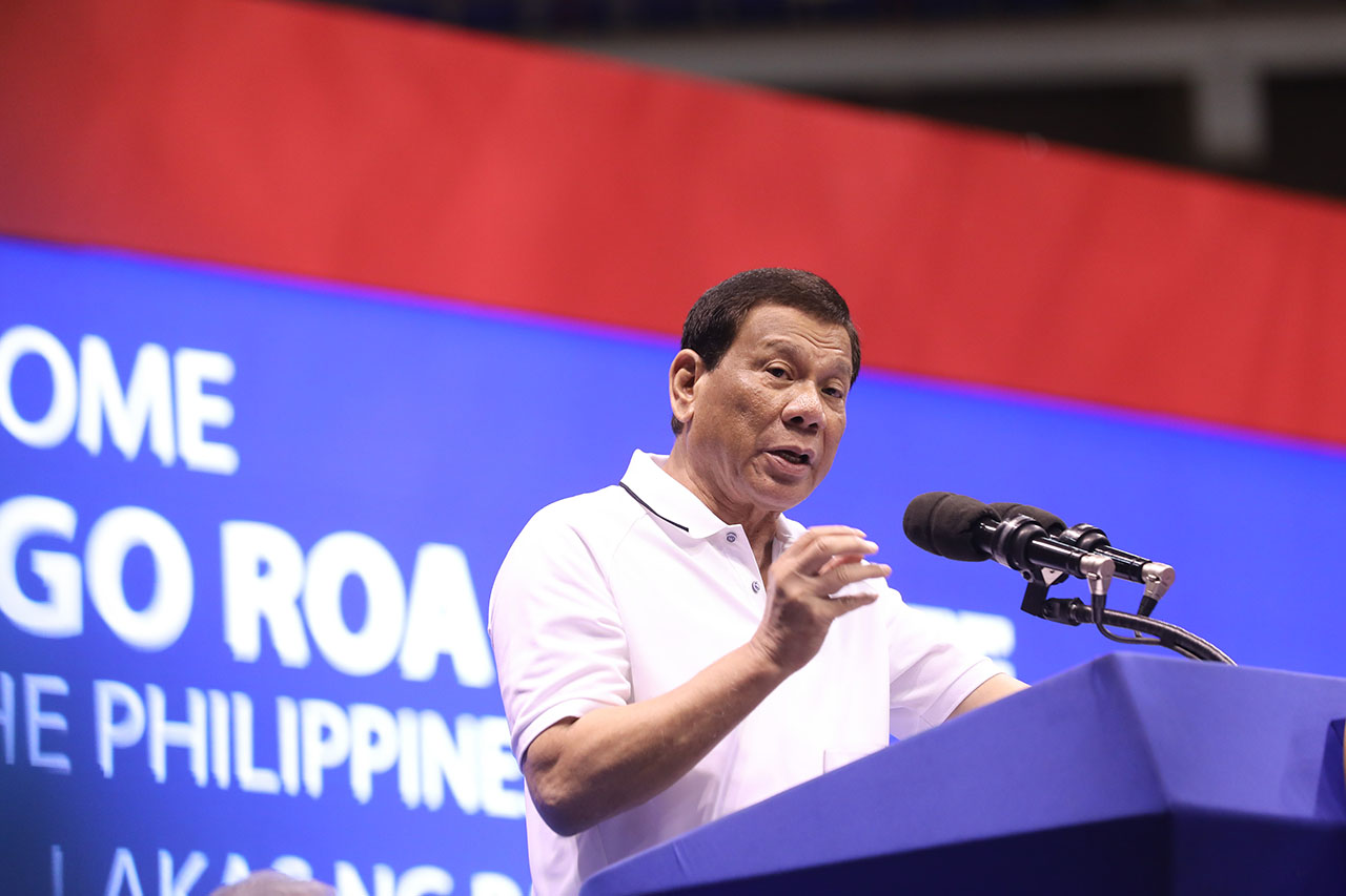 PROMISES FULFILLED? President Rodrigo Roa Duterte delivers his speech during the PDP-Laban campaign rally at the Alonte Sports Arena in Biñan City, Laguna, on February 23, 2019. Malacañang photo   