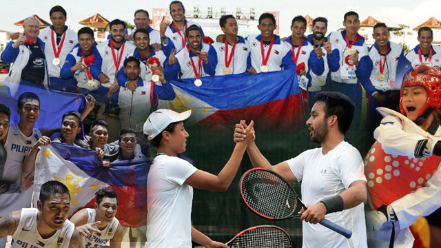 HOME WITH GOLD. Clockwise from top: Philippine Volcanoes men's rugby team, Pauline Lopez of taekwondo, Treat Huey and Denise Dy of tennis mixed doubles, and the Gilas Cadets of basketball. Photos by 2015 Singapore SEA Games Organising Committee/Action Images via Reuters and Mohd Fyrol/AFP (for Lopez) 