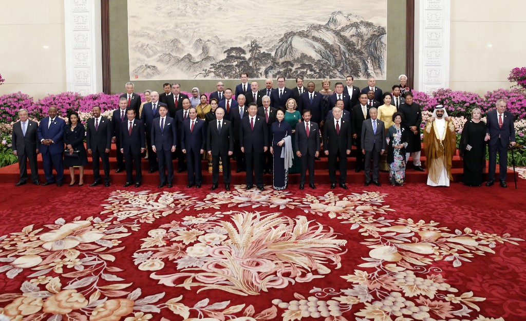 BELT AND ROAD. Chinese President Xi Jinping (C) and other leaders pose for a group photo session at a welcoming banquet for the Belt and Road Forum at the Great Hall of the People in Beijing on April 26, 2019. File photo by Jason Lee/Pool/AFP  