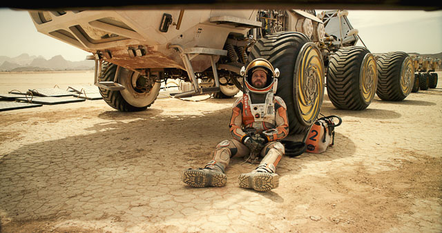 MARS ROVER. Mark Watney (played by Matt Damon) prepares to be rescued, and travels with a Mars Rover from Acidalia Planitia to Schiaparelli Crater. Photo courtesy of 20th Century Fox 