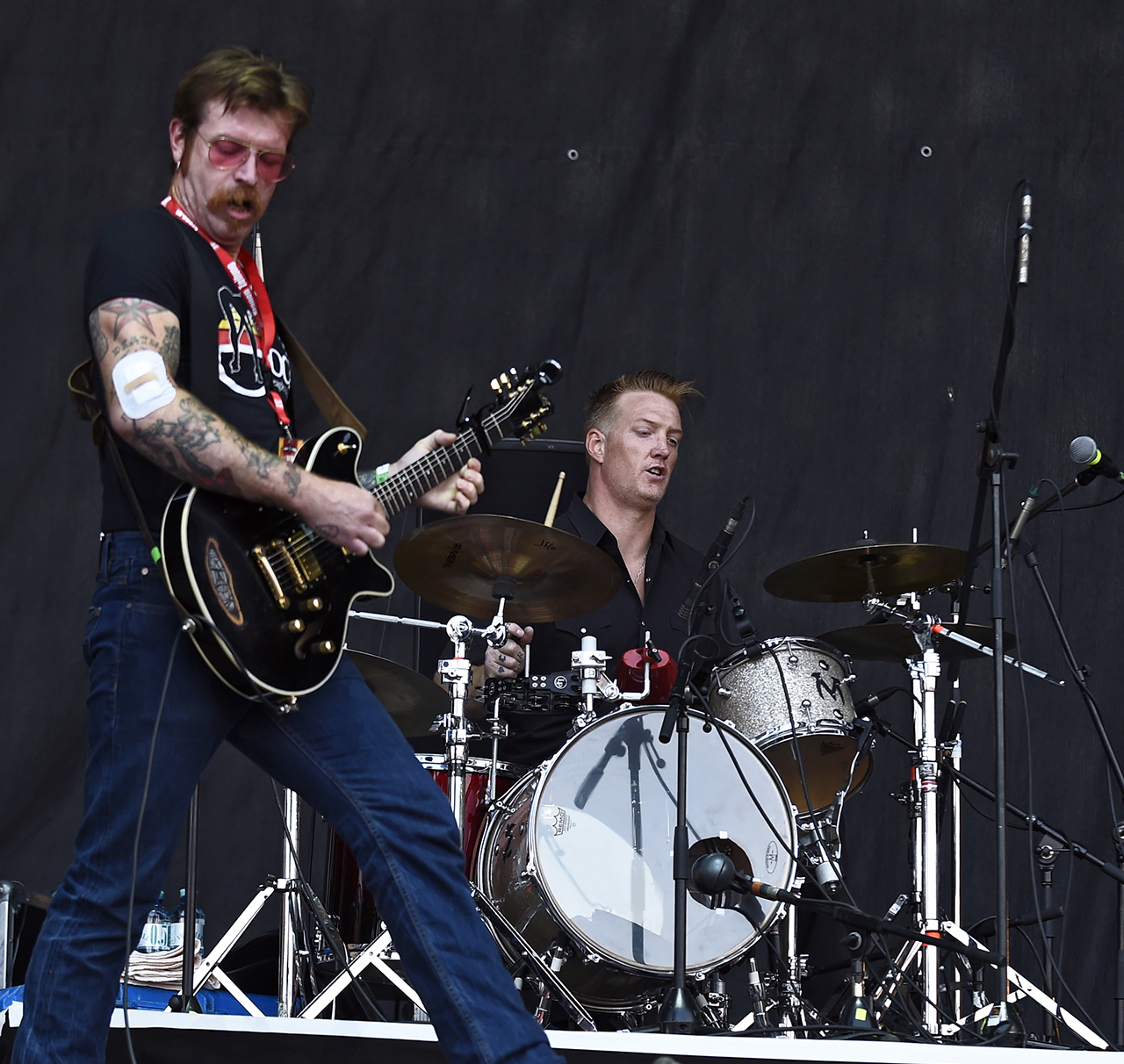 AFTER PARIS ATTACKS. In this file photo, US musicians Jesse 'The Devil' Hughes (L) and Josh Homme (R) of the band Eagles Of Death Metal perform at the Nova Rock 2015 festival in Nickelsdorf, Austria, June 12, 2015. File photo by Herbert P. Oczeret/EPA  