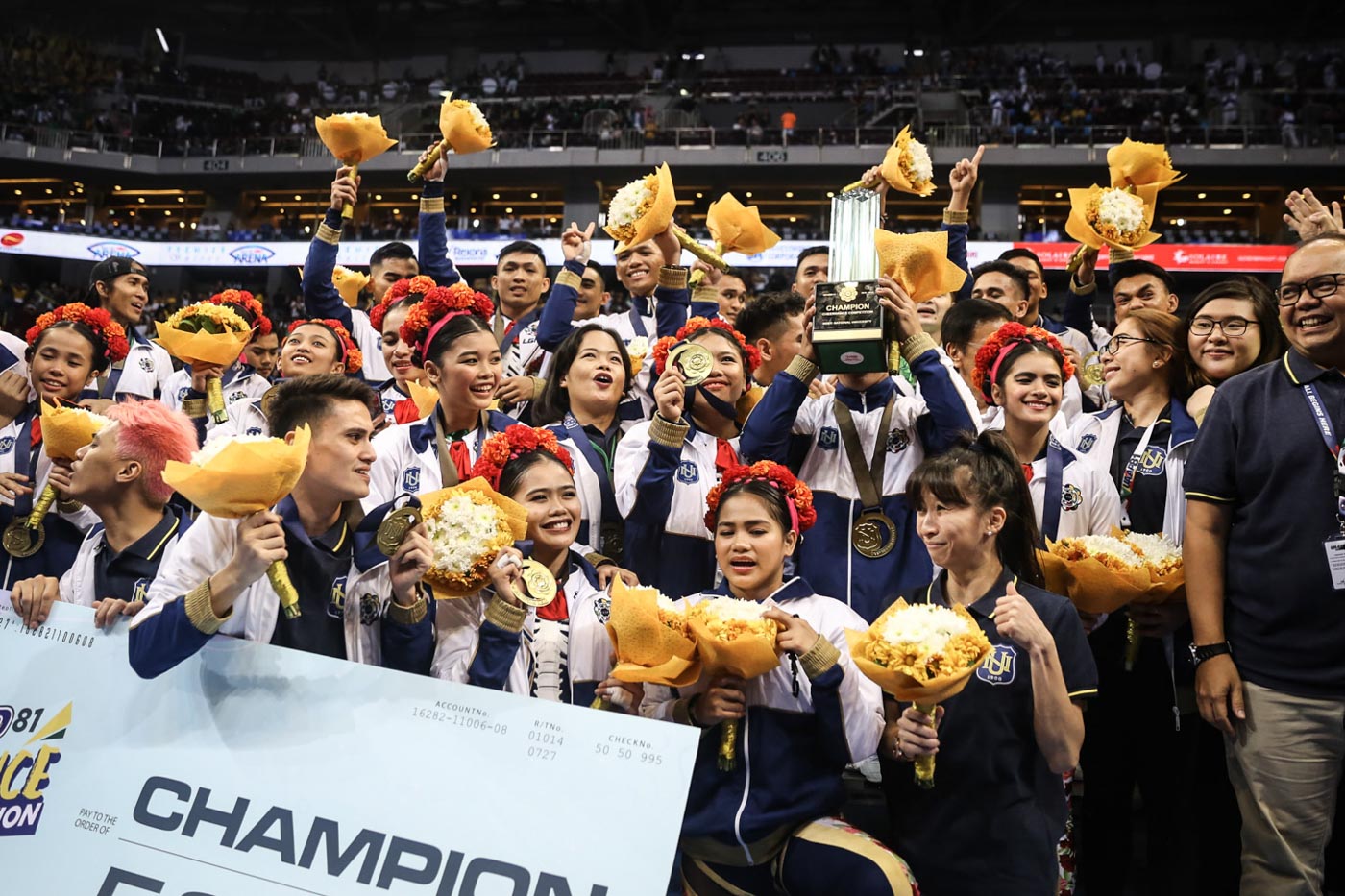 TOP PRIZE. UAAP cheerdance champion NU Pep Squad wins P50,000 in its return to the top of the podium. Photo by Josh Albelda/Rappler   