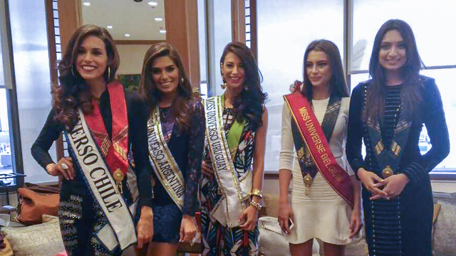 Miss India Roshmitha Harimurthy, Miss Belgium Stephanie Geldhof, Miss Chile Catalina Paz Caceres, Miss Argentina Estefania Bernal, and Miss Uruguay Magdalena. Photo courtesy of DOT 