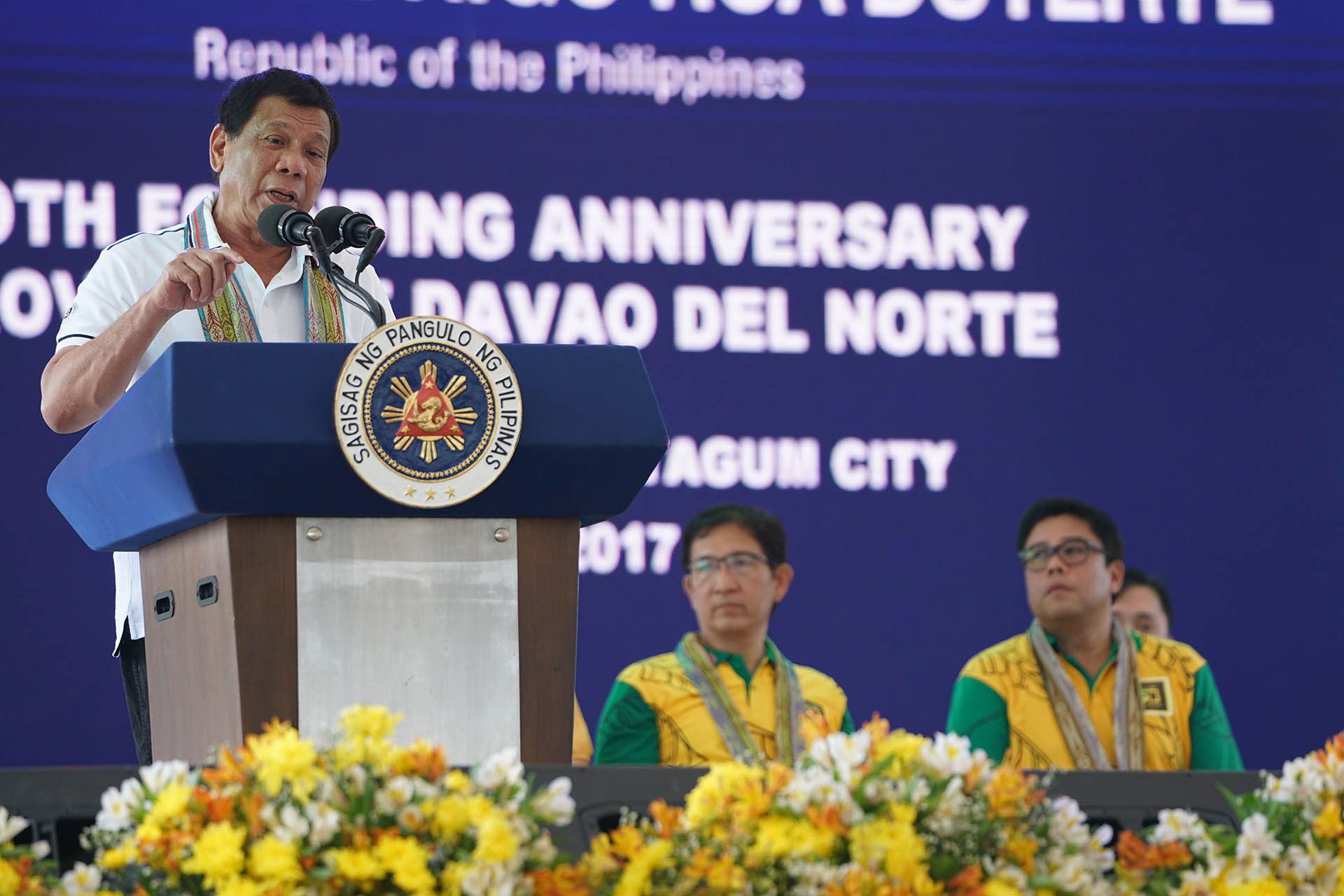 EXPOSE. President Rodrigo Duterte says he will make an 'expose' against the Philippine Daily Inquirer at the 50th founding anniversary of Davao del Norte in Tagum City on July 1, 2017. Photo by Joey Dalumpines/Presidential Photo 