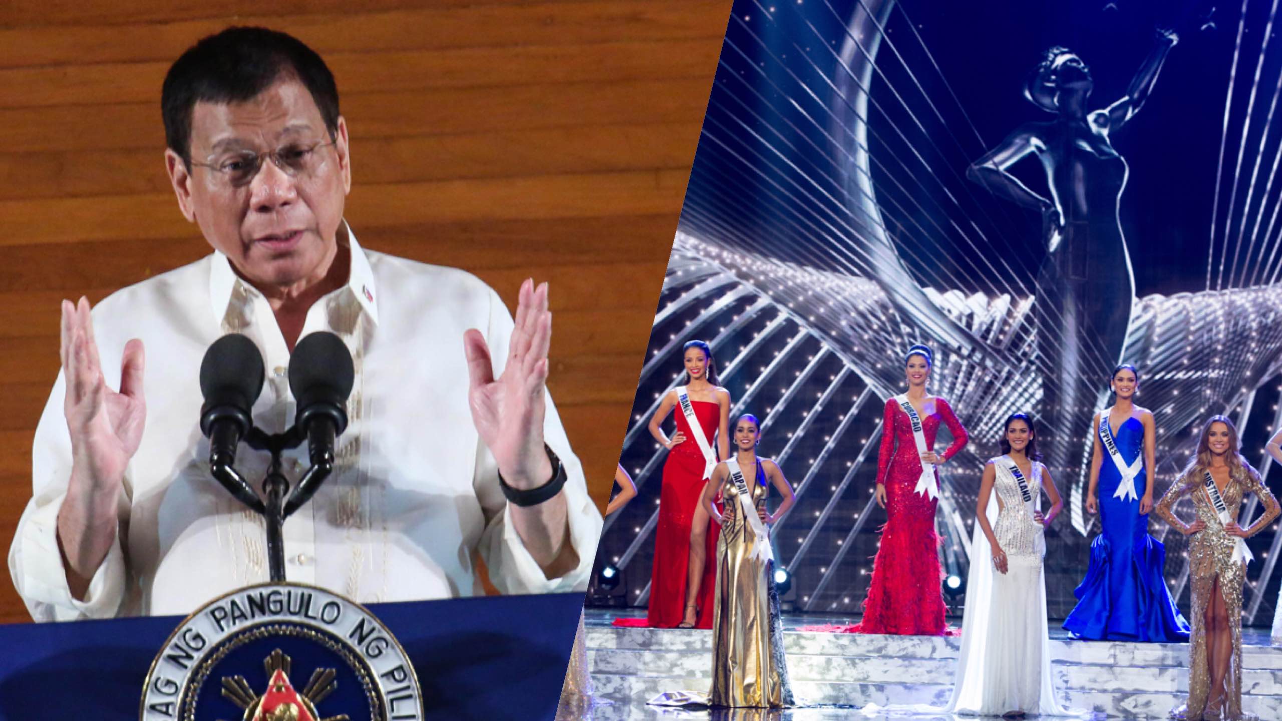 NOT A PRIORITY. Duterte says that hosting the next Miss Universe pageant in the country is not a priority. File photos by Ace Morandante/PPD, courtesy of the Miss Universe Organization 