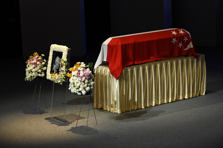 GOODBYE, MR LEE. A casket bearing Singapore's late former prime minister Lee Kuan Yew is seen on top the bier during his funeral service in Singapore on March 29, 2015. Roslan Rahman/AFP 