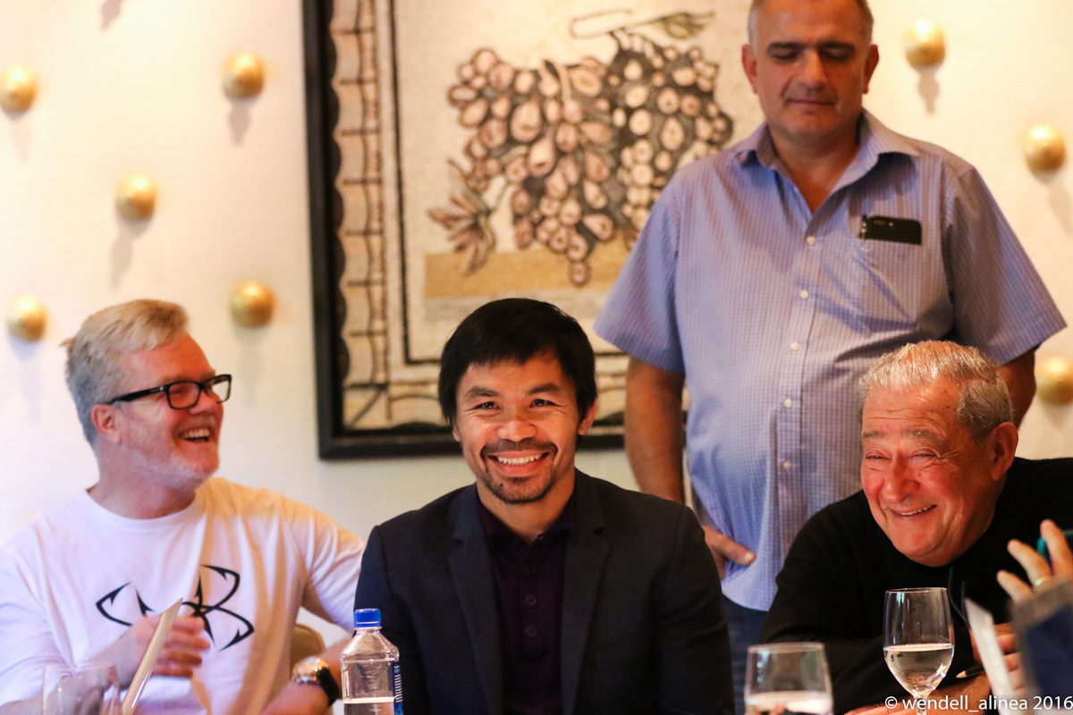 Manny Pacquiao, Freddie Roach and Bob Arum share a laugh as Michael Koncz looks on. Photo by Wendell Alinea 