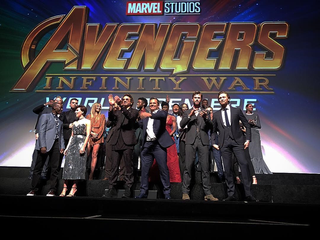 ASSEMBLE! The cast of 'Avengers: Infinity War' cast pose during the world premiere in Los Angeles. Screenshot from Instagram/@robertdowneyjr  