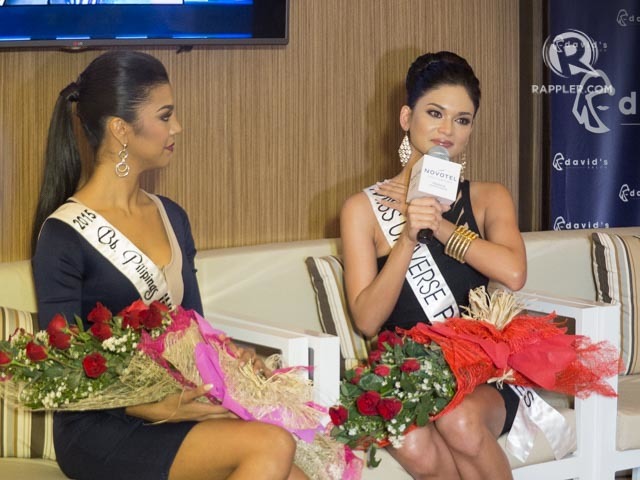 Pia with Bb Pilipinas Intercontinental Christi Lynn McGarry during their send-off in Novotel. Both ladies are set to leave for their pageants in Las Vegas and Germany. Photo by Alexa Villano/Rappler   