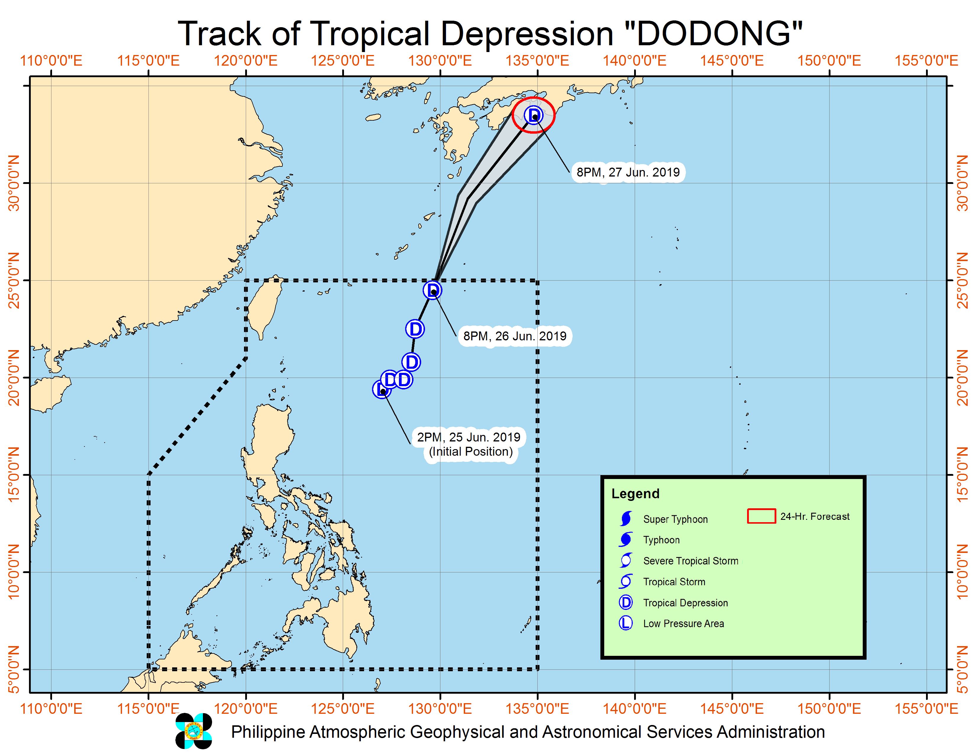 Forecast track of Tropical Depression Dodong as of June 26, 2019, 11 pm. Image from PAGASA 