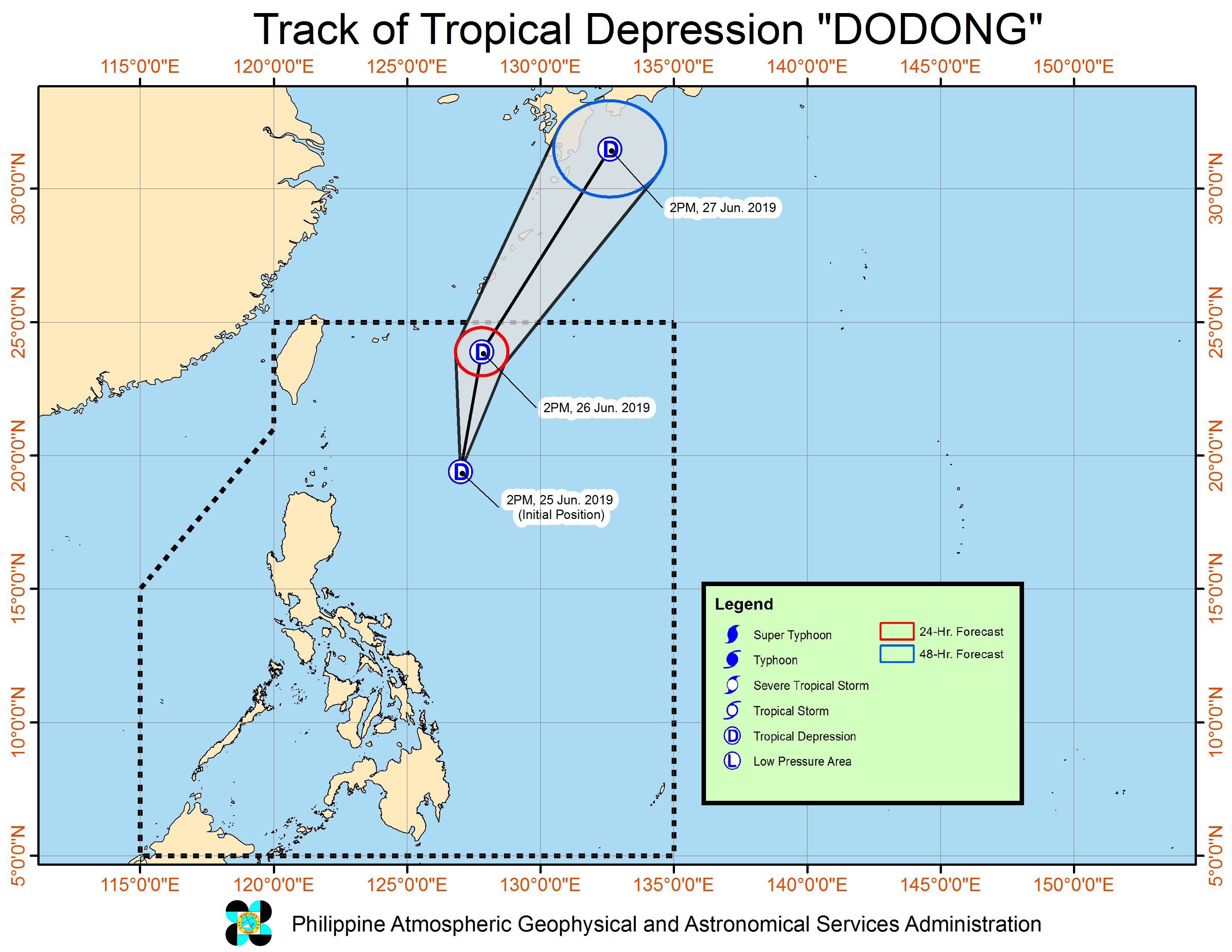 Forecast track of Tropical Depression Dodong as of June 25, 2019, 5 pm. Image from PAGASA 
