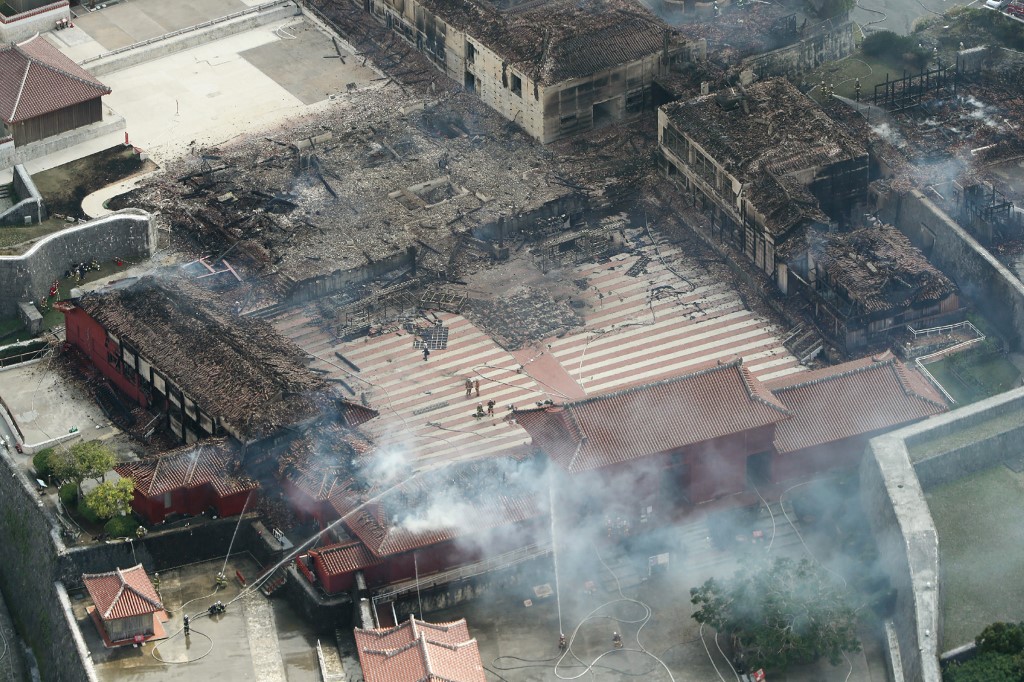 SHURI CASTLE FIRE. This aerial picture shows the Shuri Castle after a fire ripped through the historic site in Naha, Okinawa prefecture, southern Japan on October 31, 2019. Photo by Jiji Press/AFP 