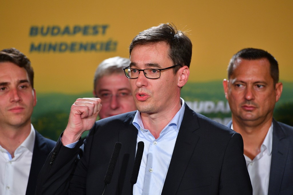 WINNER. Budapest's mayor candidate of the centre left opposition party Gergely Karacsony adresses the audience after his victory in the local election over Istvan Tarlos, in Budapest on October 13, 2019. Photo by Attila Kisbenedek/AFP 