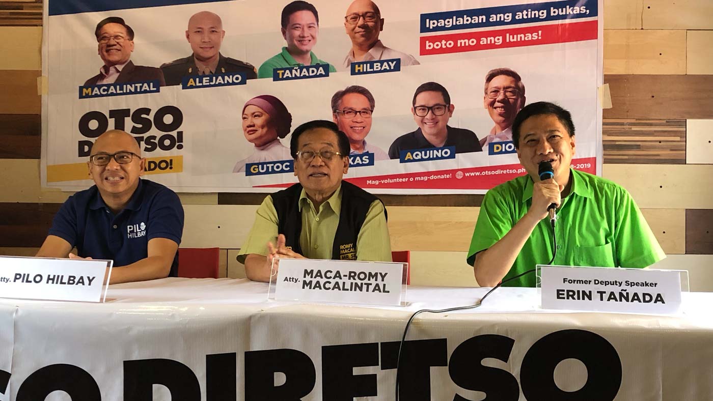 ISSUES-BASED. Otso Diretso candidates Florin Hilbay, Romy Macalintal, and Erin Tañada hold a press conference in Marikina City on March 6, 2019. Photo by Mara Cepeda/Rappler 