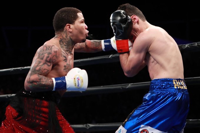 BIG BLOW. Gervonta Davis (left) sends Hugo Ruiz dropping to his knee to score his 12th straight knockout. Photo from Showtime Boxing 