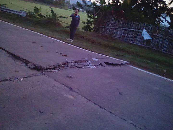 CRACKED OPEN. A photo taken by Maeshel Halina and shared by Joanne Tagros shows a damaged road in Kalilangan, Bukidnon, after the magnitude 6.0 earthquake in the area on April 12, 2017. Photo courtesy of Maeshel Halina/Joanne Tagros through Bobby Lagsa   