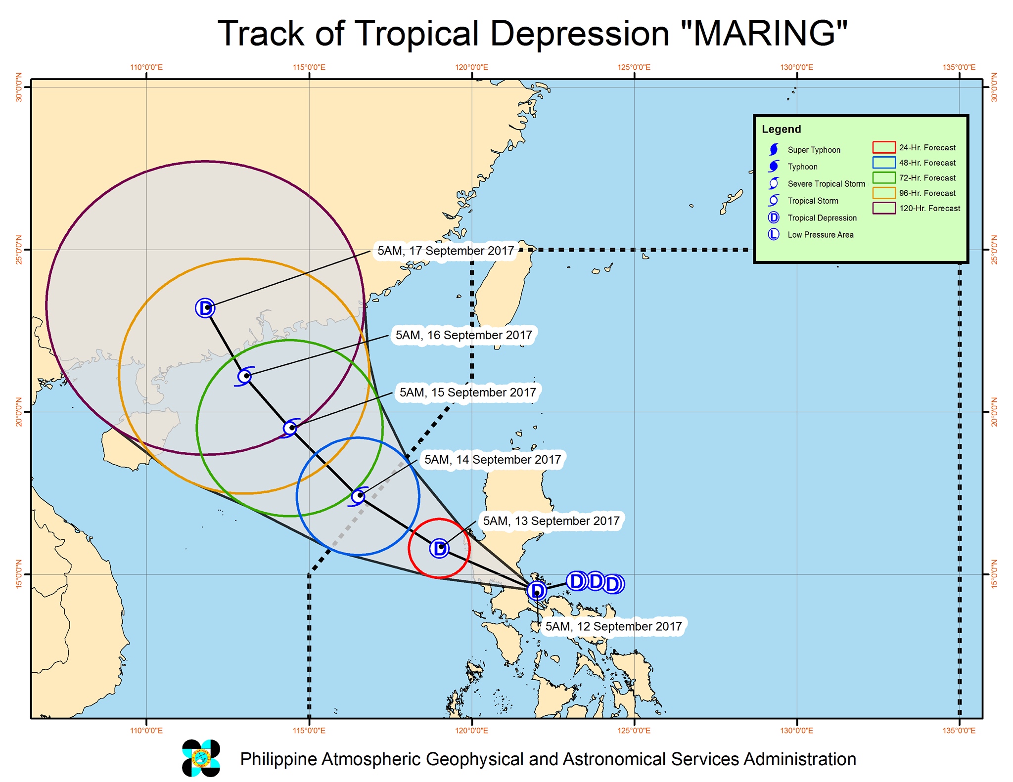 Forecast track of Tropical Depression Maring as of September 12, 8 am. Image courtesy of PAGASA 