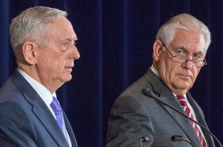 In this file photo, US Secretary of Defense Jim Mattis(L) and US Secretary of State Rex Tillerson conduct a press conference on June 21, 2017, at the US Department of State in Washington, DC. Paul J Richards/APF 