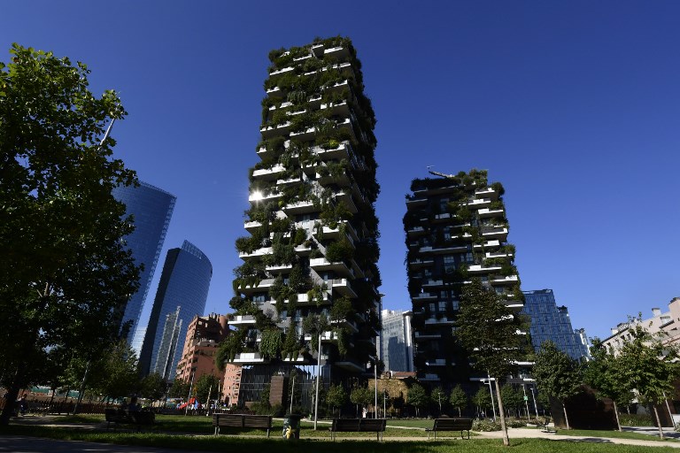LUSH GREENERY. A picture taken on September 5, 2017 shows the Bosco Verticale (Vertical Forest) in the Porta Nuova area in Milan, Italy. Photo by Miguel Medina/AFP 