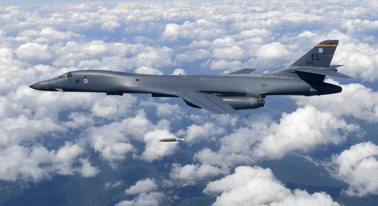 U.S. BOMBER. This file photo taken on September 18, 2017 shows a US Air Force B-1B Lancer dropping a bomb at a shooting range in Gangwon Province, east of Seoul, during a joint military drill. File photo from South Korean Defense Ministry/AFP 