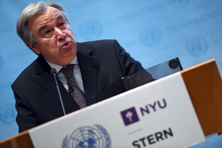 CLIMATE CHANGE. In this file photo, United Nations Secretary-General Antonio Guterres speaks at the New York University Stern School of Business in New York on May 30, 2017. File photo by Jewel Samad/AFP  