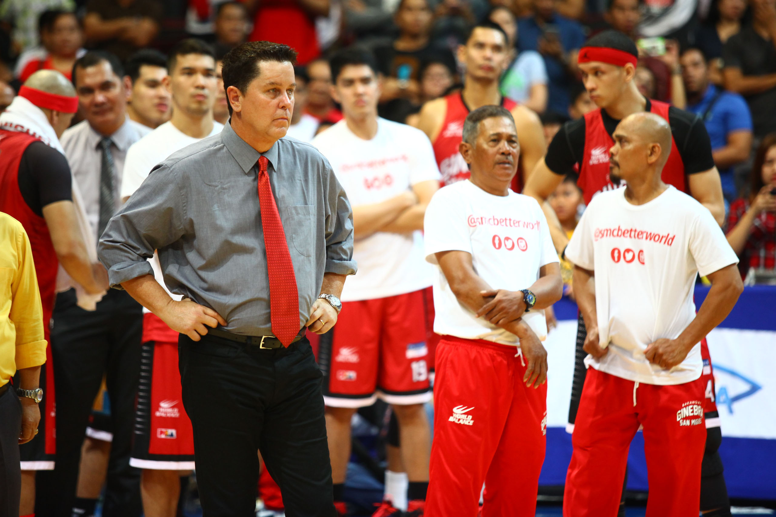 FATHER FIGURE. Marc Pingris sees former coach Tim Cone, seen here on the sidelines coaching Barangay Ginebra, as a father figure more than just a basketball coach. File photo by Josh Albelda/Rappler