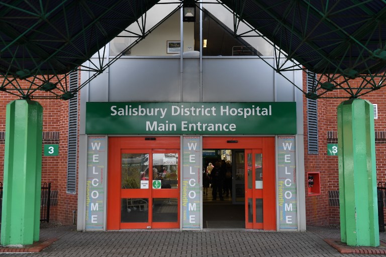 SALISBURY DISTRICT HOSPITAL. A general view shows the main entrance to Salisbury District Hospital in Salisbury, southern England, on March 6, 2018 where a man and a woman remain in critically condition which sparked an ongoing major incident which started on March 4. File photo by Chris J Ratcliffe/AFP 