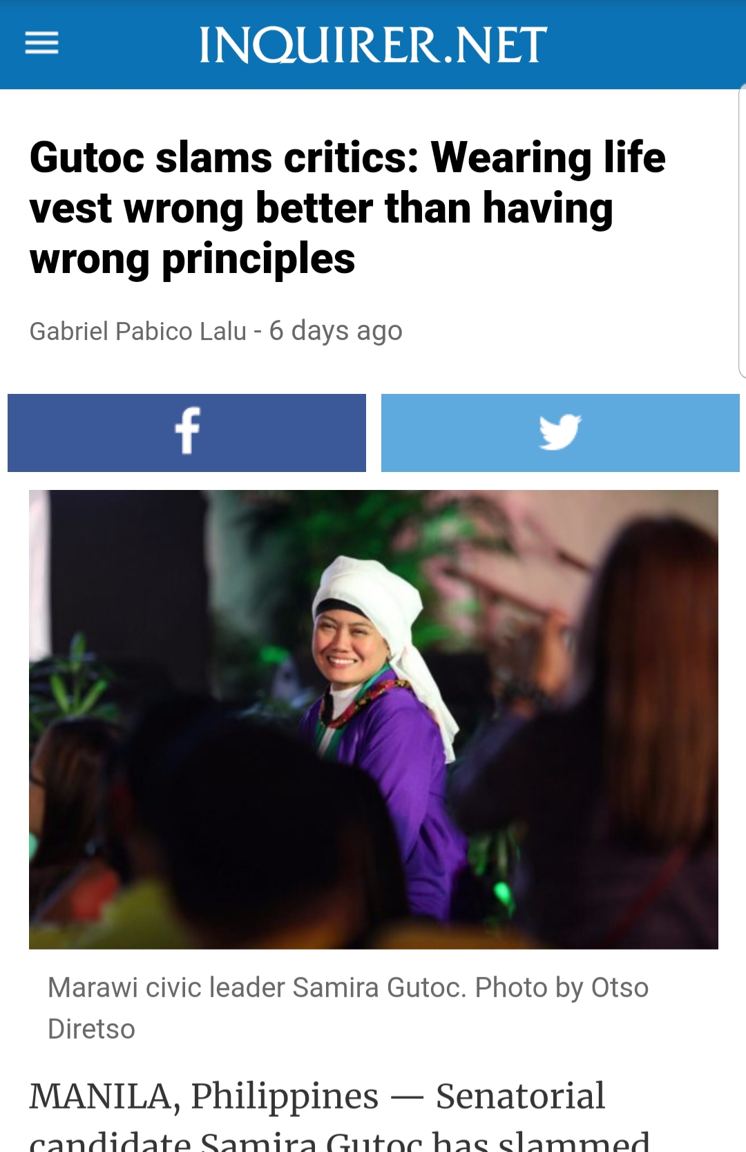 ORIGINAL ARTICLE. Screenshot of Inquirer's original article on Gutoc telling critics wearing a life vest wrong is better than having wrong principles 
