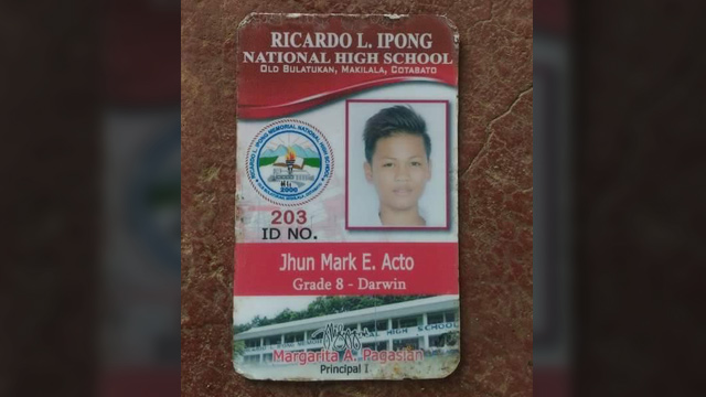 NPA FIGHTER. The school ID of slain teenager Jhun Mark E. Acto. He was in Grade 8. Photo from Karapatan  