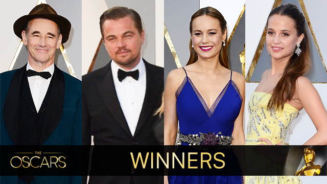 BEST ACTORS. Mark Rylance, Alicia Vikander, Brie Larson, and Leonardo DiCaprio won Oscars for the categories Best Supporting Actor and Actress, and Best Actor and Actress. Photos from EPA 
