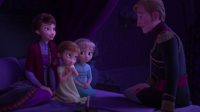 ENCHANTED FOREST. In a flashback scene, Elsa and Anna's deceased parents tell them a story of an enchanted forest. 