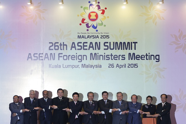 UNITED? ASEAN representatives pose for a family photograph during the Association of Southeast Asian Nations (ASEAN) Foreign Minister Meeting at the Kuala Lumpur Convention Centre in Kuala Lumpur in Kuala Lumpur, Malaysia, April 26, 2015. Fazry Ismail/EPA 