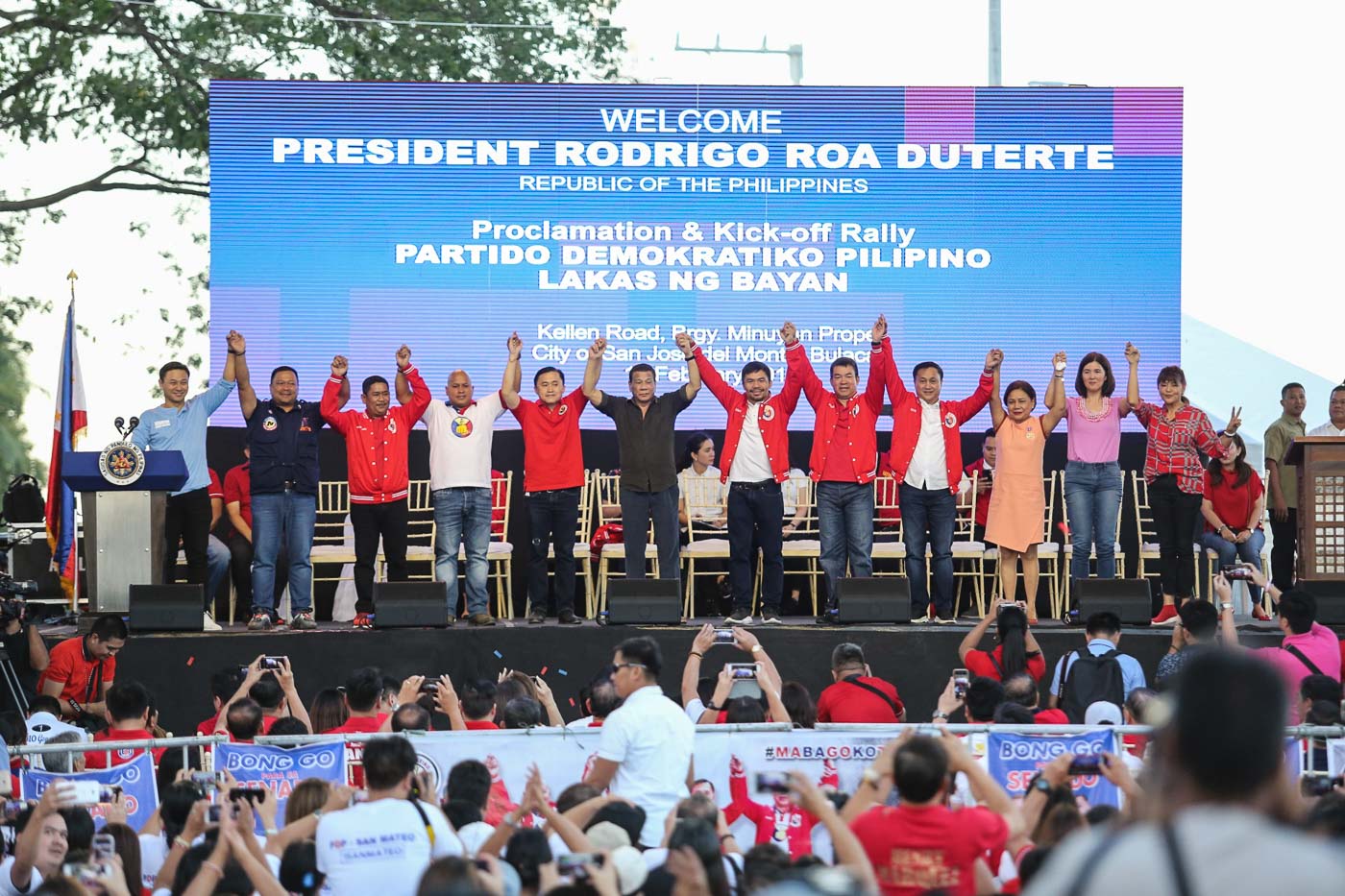PRESIDENTIAL ENDORSEMENT. President Rodrigo Duterte endorses senatorial candidates from the PDP-Laban during its kickoff rally for the 2019 midterm elections in San Jose Del Monte, Bulacan on February 14, 2019. Photo by Mary Grace dela Cerna/Rappler 
