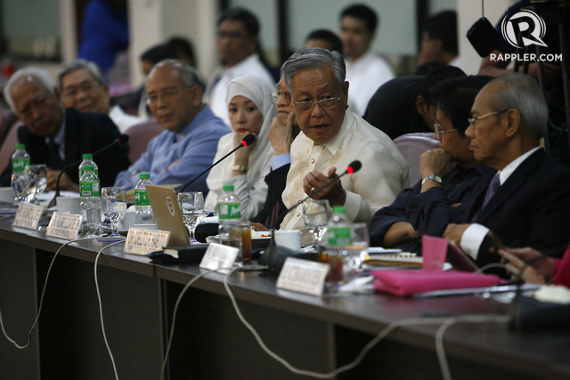 FULL REPORT. Former Chief Justice Hilario Davide Jr. and other members of the Citizen's Peace Council face lawmakers during the final public hearing for the proposed Bangsamoro Basic Law at the House of Representatives in Quezon City on April 27, 2015.  