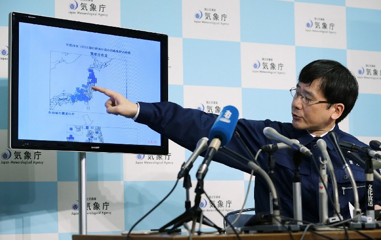 Japan's Meteorological Agency official Koji Nakamura gives a briefing following a 6.9-magnitude earthquake that hit the country's northeast, in Tokyo on November 22, 2016. Jiji Press/AFP 