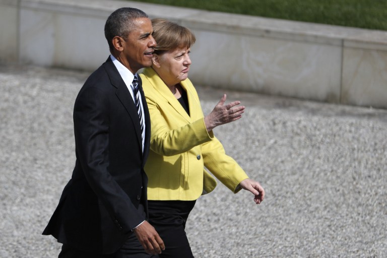 FORWARD. In this file photo, US President Barack Obama (L) and German Chancellor Angela Merkel walk during a welcoming ceremony upon arrival at the Herrenhausen Palace in Hanover, on April 24, 2016 where they meet for bilateral talks. Odd Andersen/AFP 