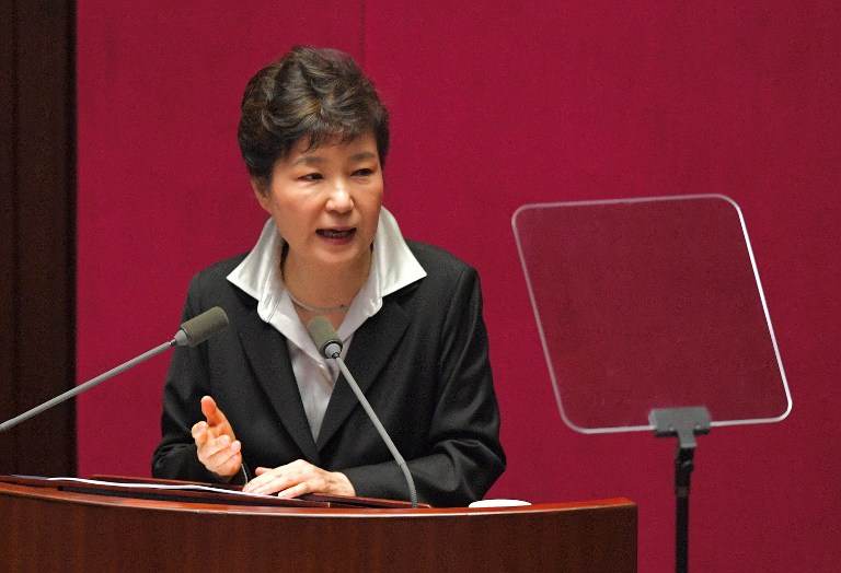 In this file photo, South Korean President Park Geun-Hye delivers an annual budget address at the National Assembly in Seoul on October 24, 2016. Jung Yeon-Je/AFP 