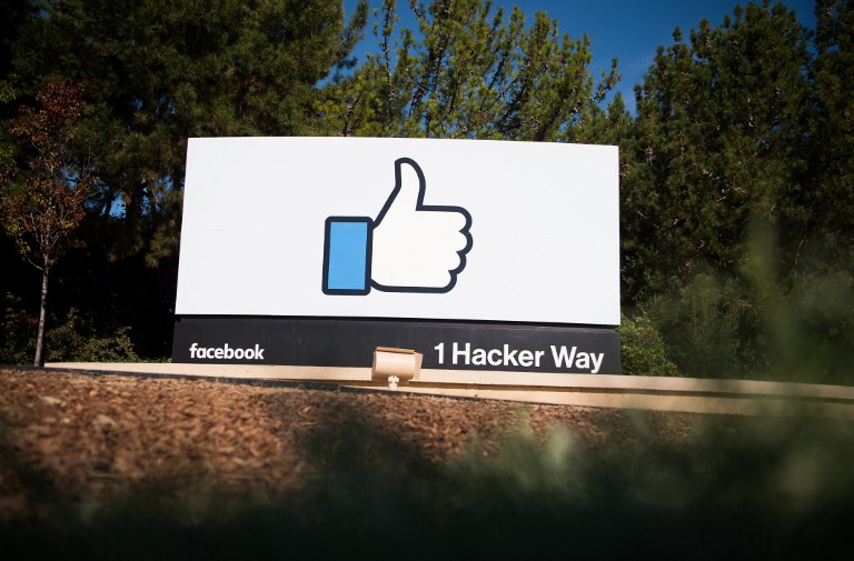 FACEBOOK. The Facebook sign and logo is seen in Menlo Park, California on November 4, 2016. File photo by Josh Edelson/AFP 