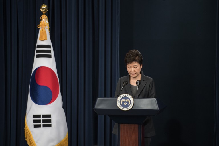 South Korea's President Park Geun-Hye speaks during an address to the nation at the presidential Blue House in Seoul on November 4, 2016. Ed Jones/AFP 