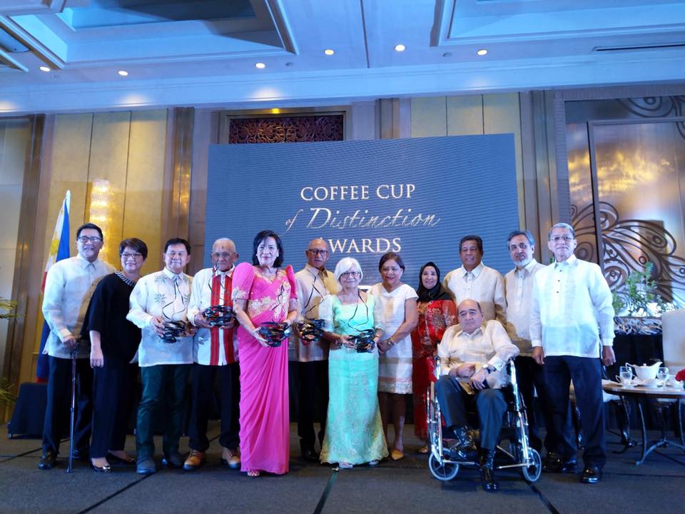 AWARDEES. Enrile and Evelyn Asuncion, Ernest Escaler, Joe Mercado, Amado Silva, and Benjamin Dimas are recognized for their contributions to the coffee industry. Photo from the Philippine Coffee Board's Facebook page 