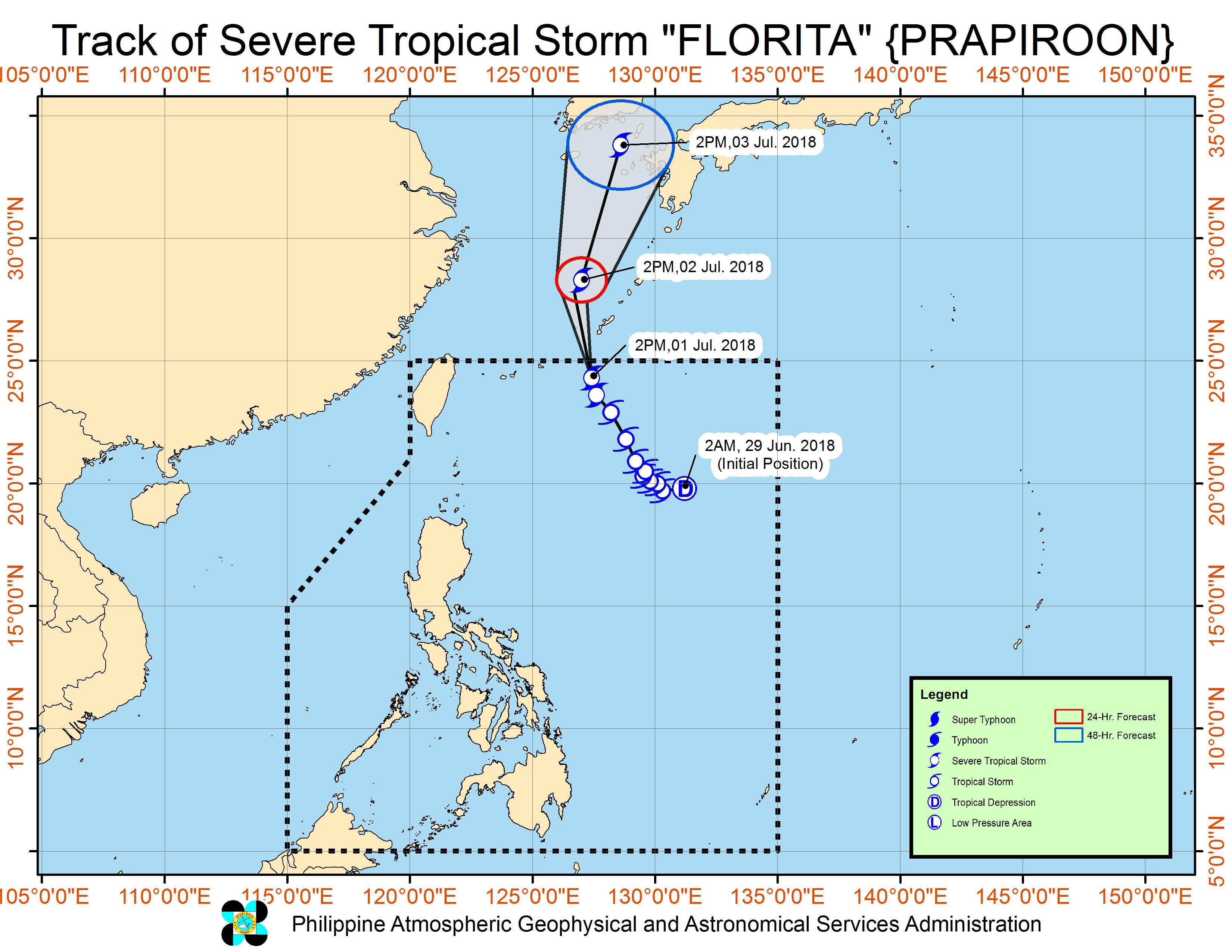 Forecast track of Severe Tropical Storm Florita (Prapiroon) as of July 1, 2018, 5:30 pm. Image courtesy of PAGASA 