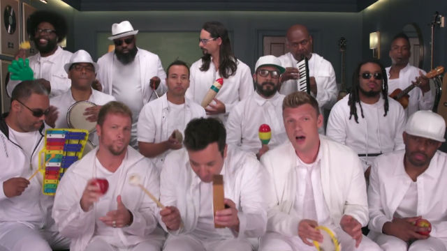 JIMMY AND BSB. The Backstreet Boys and Jimmy Fallon sing 'I Want It That Way,' during a guesting on 'The Tonight Show.' Screenshot from YouTube/The Tonight Show Starring Jimmy Fallon  