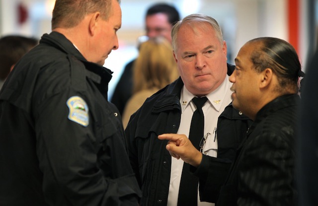 A file picture dated 01 December 2014 shows Ferguson, Missouri Police Chief Thomas Jackson (C) outside the first meeting of the Ferguson Commission at the Ferguson Community Center in Ferguson, Missouri, USA. Robert Cohen/St Louis Post-Dispatch/EPA 
