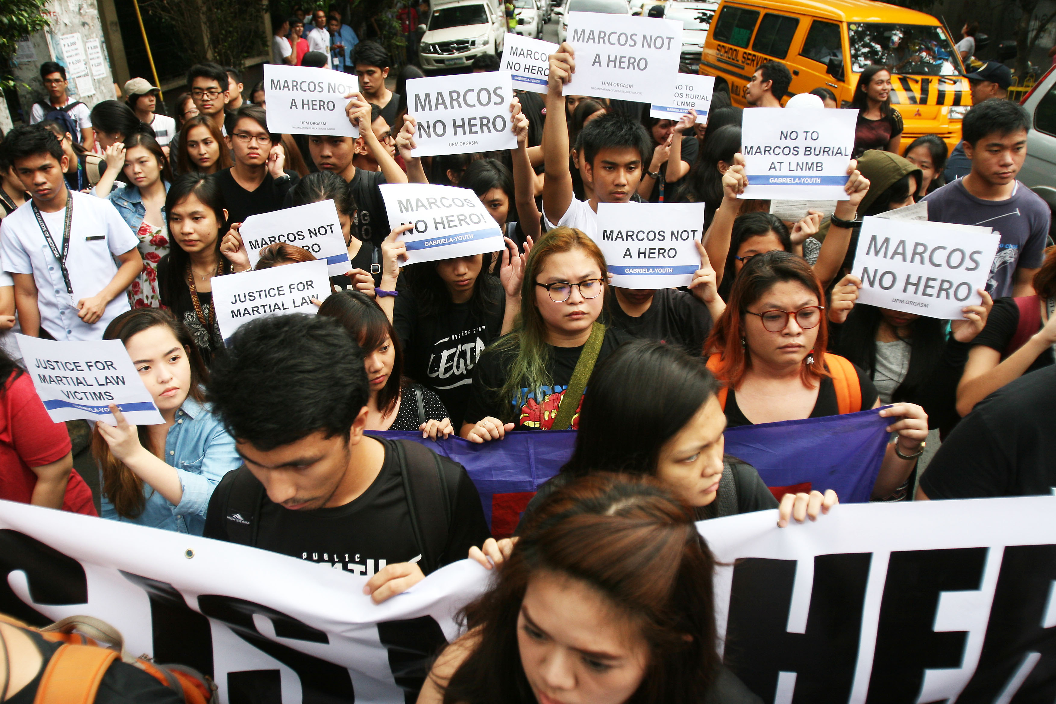 YOUTH PROTEST VS MARCOS BURIAL. Students protest the state interment of dictator Ferdinand Marcos in Manila. Photo by Ben Nabong/Rappler  