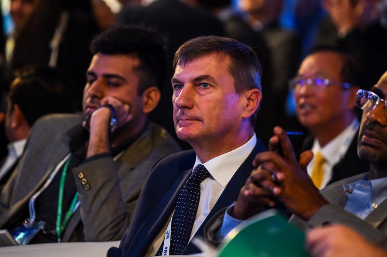 ANDRUS ANSIP. Vice-President of the European Commission Andrus Ansip (C) attends the India Mobile Congress 2018 in New Delhi on October 25, 2018. File photo by Chandan Khanna/AFP 