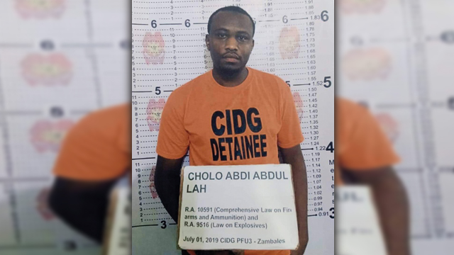 SUSPECTED TERRORIST. Kenyan national Cholo Abdi Abdullah is arrested on July 1, 2019 in Iba, Zambales, for illegal possession of firearms and explosives. Photo from PNP-CIDG  
