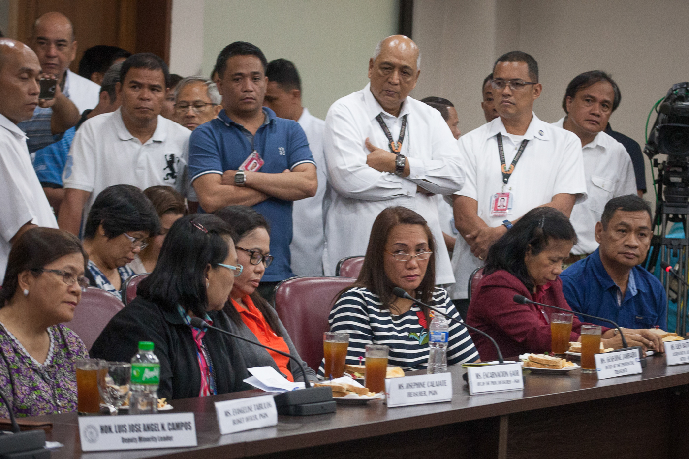 DETAINED OFFICIALS. (L-R) Evangeline Tabulog, Josephine Calajate, Encarnacion Gaor, Genedine Jambaro, Eden Battulayan, and Pedro Agcaoili during a House hearing on June 20, 2017, when they still refused to properly testify before lawmakers. Photo by Jasmin Dulay/Rappler 